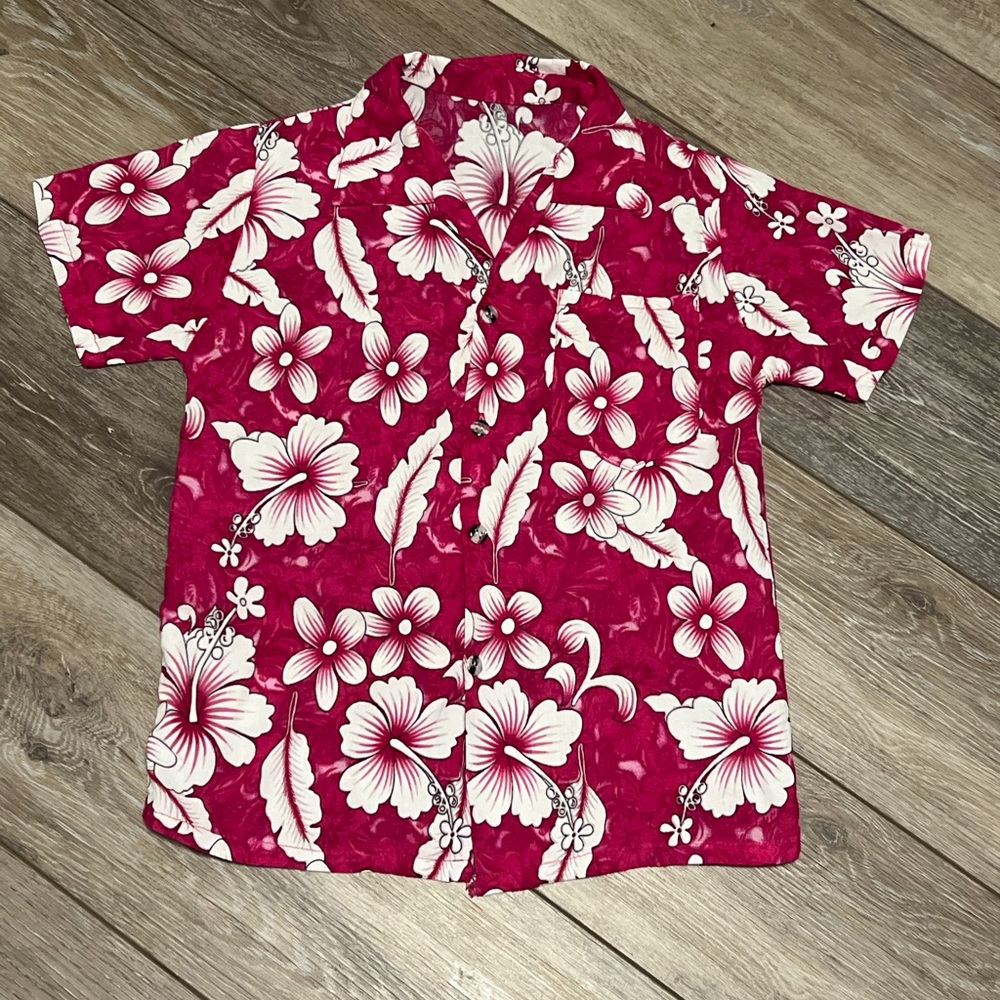Kids Hawaiian Hibiscus Floral Pink White Shirt